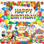 Building Blocks Themed Birthday Party Decorations,114pcs Building Block Party Decorations&Tableware Set-Building Block Party Napkins Plates Backdrop Balloons etc Building Block Birthday Party Supplies