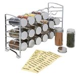 Amtido Spice Rack Storage | 3 Tier Free Standing Organiser | With 18 Empty Glass Jar Bottles and 48 Labels | Inside Kitchen Cupboard Pantry for Herbs and Spices Tidy | Metal – Chrome