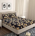 DECOREZA 320 TC Cotton Feel Glace Cotton Printed Elastic Fitted King Size Double Bed Bedsheet with 2 Pillow Covers | Fitted Bedsheets King Size 78 x 72 x 8, Space Leaves