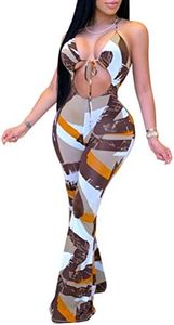 Remelon Womens Spaghetti Strap Halter Geometry Print Cut Out Bodycon Bell Flare Pants Club Party One Piece Jumpsuits Rompers Brown M