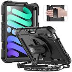 Timecity Case for iPad Mini 6 2021 8.3'' with Screen Protector Rotating Stand, Hand/Shoulder Strap Support Pencil 2 Charging & Holder Shockproof Protective Case for iPad Mini 6th Generation, Black