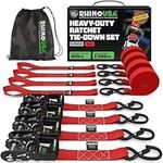 Rhino USA Ratchet Tie Down Straps (Set of 4) - 2000kg Max Break Strength, 4cm x 2.4m Heavy Duty Tie Downs with Hooks (4pcs) - Strap for Furniture Moving & Securing Cargo - Red