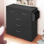 DWVO Black 5 Drawer Dresser, 31.5" W Large Vintage Double Dresser Chest of Drawers with Charging Station and Side Organizer Bag, Wood Storage Dresser with Retro Metal Handle for 300lbs for Hallway