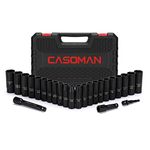 CASOMAN 25PCS 1/2" Drive Impact Socket Set, Deep, Cr-V Steel, 6 Point, Metric&SAE, 12mm to 24mm, 3/8 Inch to 1 Inch, includes Extension Bars: 3-inch, 5-inch, 1/2-1/4 Adapter