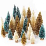 Fayavoo 24pcs Artificial Mini Christmas Trees, Sisal Trees with Wood Base Bottle Brush Snow Frost Trees for Christmas Crafts Tabletop Decor Winter Snow Ornaments Green, Gold and Ivory