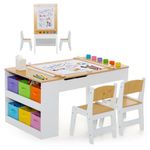 HONEY JOY Kids Table and Chair Set, 3 in 1 Wood Arts and Crafts Activity Table w/Paper Roller, 6 Paint Cups & Storage Canvas Bins, Children Learning Furniture, Toddler Table and Chair Set (Natural)