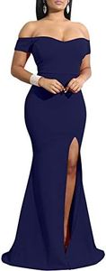 YMDUCH Women's Off Shoulder High Split Long Formal Party Dress Evening Gown Navy