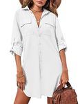 Hotouch Women's Boyfriend Shirts Button Down Shirt Dress Roll Up Sleeve Summer Casual Beach Top with Pockets (White, L)