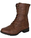 Forever Link Womens Round Toe Military Lace up Knit Ankle Cuff Low Heel Combat Boots, Brown, 5.5