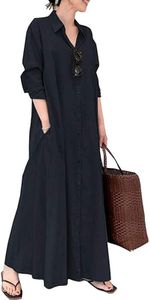ChangNanJun Women's Basic Loose Fit Long Sleeve Button Up Maxi Shirt Dress with Pockets Black L