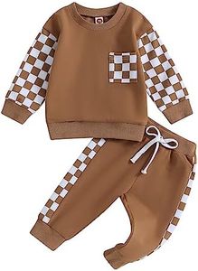 Toddler Baby Boy Fall Outfit Checkerboard Patchwork Long Sleeve Sweatshirts Elastic Waist Pants Cute Newborn Clothes Set (Brown, 2-3 Years)