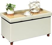 PINPLUS Storage Ottoman Coffee Table, Beige Large Linen Storage Ottoman with Wooden Legs, Toy Chest with Tray, End of Bed Bench, Foot Stools for Living Room Bedroom, 30"x 15"x 15"