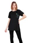 WEET Women's Cotton Long Printed T-Shirt (X-Large, Black)