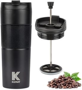 French Press Coffee Travel Mug - Portable Coffee Maker - French Press - Perfect for Tea and Coffee - Hot and Cold Coffee Press Brewer Thermoses Cup - Black - 450ml 15oz Stainless Steel