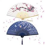 NETUME 2 Pieces Folding Hand Fans for Women, Silk Fabric and Hollow Carved Bamboo Handheld Folding Fan, Chinese Style Hand Fan Folding with Tassels for Wall Decoration/Wedding and Gifts