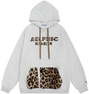 Aelfric Eden Oversized Hoodies Womens Leopard Letter Print Hoodie Fall Y2k Hooded Sweatshirts With Pocket Light Gray Medium