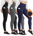 HIGHDAYS 3 Pack Women's Fleece Lined Leggings with Pockets - High Waist Winter Thermal Warm Workout Running Yoga Pants, Black/Gray/Navy Blue, ONE Size