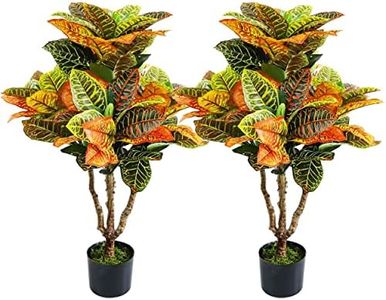 2PCS Artificial Croton Plant, Faux Fiddle Leaf fig Tree,Artificial Trees for Home Decor,Floor Plant,Front Porch Plants with Plastic Pot, Faux Ficus Lyrata Tree,39inch