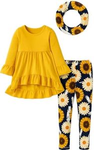 Unique Baby 3 Piece Girls Fall Winter Clothes Set Kid and Toddler Girl Leggings, Long Sleeve Shirt and Scarf Outfit (7 Years, Yellow)