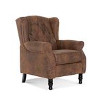 Stylish Convertible Buttoned Wingback Recliner Armchair with Hidden Reclining Function - Sturdy High Back & Seat for Elderly , Brown Faux Leather / Suede Fireside Accent Chair , Living Room Reading