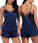 RSLOVE Satin Shorts Lingerie Women V-Neck Satin Pyjamas Set Sexy Lingerie Loungewear Set Nightwear Blue XXL