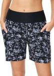 BALEAF Women's 5" Swim Shorts Quick Dry High Waisted Swimming Board Shorts Trunks Tummy Control Pattern Swim Bottom with Pockets Black Flower S