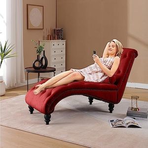RXRRXY Modern Velvet Chaise Lounge Indoor with Nailhead Trim, Button-Tufted Armless Lounge Chair Indoor with Lumbar Pillow and 4 Sturdy Acrylic Legs for Living Room, Bedroom, Apartment (Red)