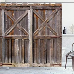 Ambesonne Rustic Shower Curtain, Old Wooden Barn Door of Farmhouse Oak Countryside Village Board Rural Life Photo Print, Cloth Fabric Bathroom Decor Set with Hooks, 69" W x 70" L, Brown