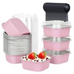 10oz Mini Cake Pans with Lids 40 Pack,LNYZQUS Aluminum Foil Square Brownie Baking Cups,Disposable 4”x4” Large Cupcake Pan,Jumbo Muffin Tin Ramekins Holders-Pink