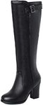 XINXINIO Women Round Toe Knee High Boots for Winter with Side Zipper, PU BLACK, 13.5