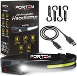 FORTEM Headlamp Rechargeable 1-Pack, 230° Wide Beam LED Head Lamp w/Motion Sensor, 6 Modes for Mechanic, 350 Lumen Hardhat Flashlight, Waterproof Headlight for Camping, Running, Hiking, Cycling