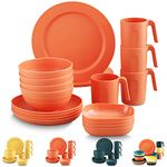 Kyraton Plastic Dinnerware Sets of 20 Pieces, Unbreakable and Reusable Light Weight Plates Mugs Bowls Dishes Easy to Carry and Clean Microwave Safe BPA Free Dishwasher Safe Service for 4 (Orange)