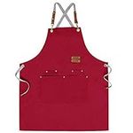 Chef Apron,Cross Back Apron for Men Women with Adjustable Straps and Large Pockets,Canvas,M-XXL (Red)