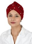 The Headscarves Women's Bamboo Viscose Beanie Turban with Mother of Pearls | Stylish Head Scarf, Breathable Chemo Cancer Headwear, Hijab Cap, Ultra Soft Solid Headwrap Red