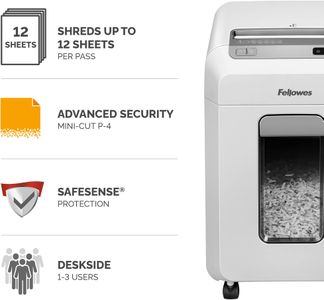 Fellowes 12-Sheet Mini Cut Office Shredder – Auto Reverse, SafeSense, 23L Bin