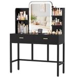 Vanity Desk, Makeup Vanity Desk with Mirrors, Vanity Set with 2 Storage Drawers and Open Shelves, 3 Colors LED Brightness Adjustable Dressing Table, Makeup Desk for Girls and Women, Black