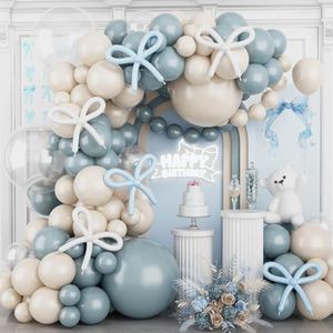 Dusty Baby Blue Balloon Garland Arch Kit,120Pcs Ivory White Retro Blue Bow Balloons Garland Kit Long Balloon as Bow Decor for Boy Baby Bridal Shower Birthday Wedding Party Decorations