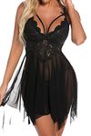 Aranmei Babydoll Lingerie for Women Sexy Lace Lingerie Set Open Front Nightdress V-Neck Babydoll with Lace G-String Sleepwear Nightgown, Black, S