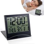 Digital Travel Alarm Clock with LCD Display Foldable Creative Compact Clock with Day Date And Temperature Indication Portable Small Table Bediside Alarm Clocks Back to School Black– Battery Operated