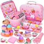 Tea Party Set for Little Girls Tin Princess Unicorn Tea Time Toys Including Dessert,Cookies,Doughnut,Teapot Tray Cake,Tablecloth,Gloves & Carrying Case