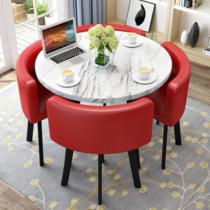 WOOOFA Round Dining Table Set for 4, Faux Marble Conference Table and Chairs Set, Kitchen Table Chairs Set with Strong Metal Frame, Space-Saving, Office Table and Chair Set for Home and Apartment