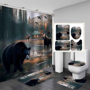 OLEBETY 4PCS Black Bear Shower Curtain Sets with Rugs, Waterproof Fabric Shower Curtain, Forest Animals Deer Elk Moose Mallard Duck Wildlife Hunting Lodge Country Farmhouse Rustic Cabin Bathroom Decor