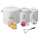 Potato Storage - Onion Storage - Garlic Keeper - Set of 3 Containers Storage Box with Lid - Farmhouse Kitchen Countertop Canister - Vegetable Keeper - Storage Containers Kitchen Pantry