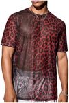 OYOANGLE Men's Leopard Print Sheer Mesh Short Sleeve T-Shirts Party Crew Neck Tee Tops Clubwear Burgundy XX-Large