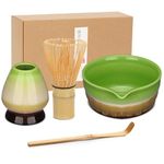 Geebuzz Matcha Whisk Set - Matcha Bowl and Bamboo Matcha Whisk, Scoop, Spoon, Sifter, Whisk Holder, 6pcs Perfect Matcha Starter Kit for Matcha Tea Ceremony (A Green/White)