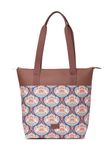 ZOUK Kovil Blue Abstract Printed Women's Jute Handcrafted Vegan Leather Brown Everyday Tote