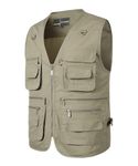 Yukirtiq Men's Multi Pocket Fishing Vest Camping Outerwear Waistcoat Jacket Cotton Sleeveless Traveling Hiking Gilet Photography Top, Khaki, M