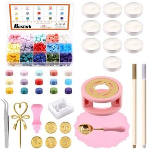 Rustark 474Pcs Wax Seal Stamp Kit 15 Colors Wax Seal Beads, Wax Seal Stamp, Wax Warmer and Spoon, Metallic Pens, Tealight Candles, Accessories for Letter Sealing, Invitation Cards, Gift, Decoration