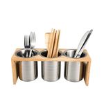 Flatware Organizer Caddy with Wood Base SUS304 Stainless Steel Cutlery Utensil Holder for Kitchen Countertop