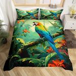 Erosebridal 3D Parrot Bed Set Tropical Jungle Queen Duvet Cover, Colorful Bird Toddler Bedding Set Palm Tree Leaves Comforter Cover, Wild Animal Wildlife Bed Cover for All Seasons (Zipper Closure)